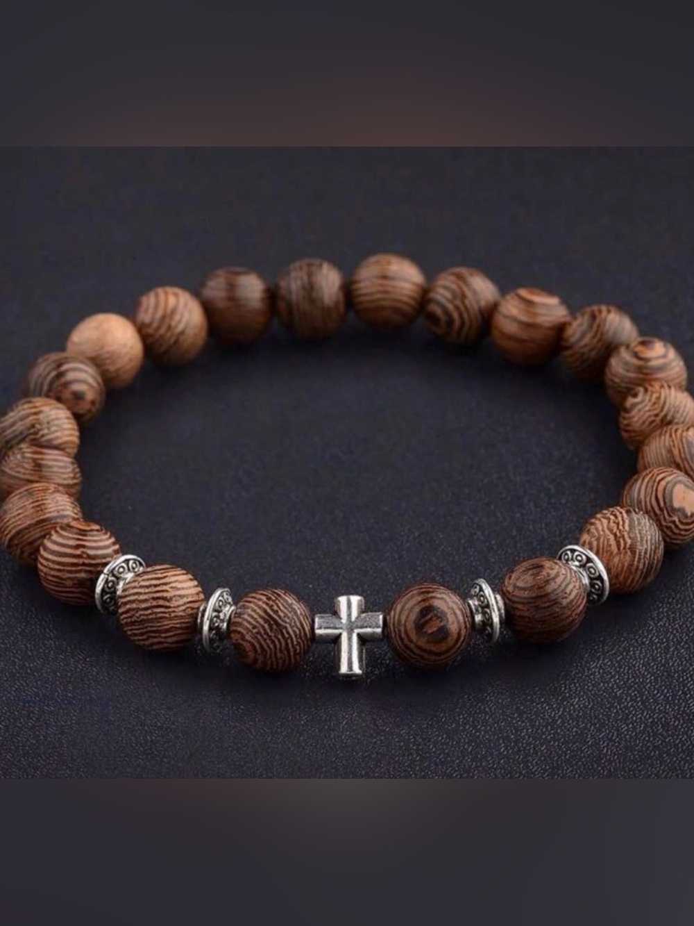 Wood Bead Cross Bracelet for Men - Brown